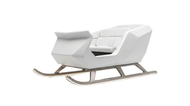 Futuristic white Christmas sleigh with geometric design, modern luxury Santa Claus sled, minimalist holiday transport vehicle with sleek metallic runners
