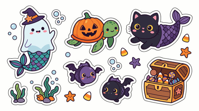 Halloween stickers set featuring cute ghost mermaid and black cat creatures with candy