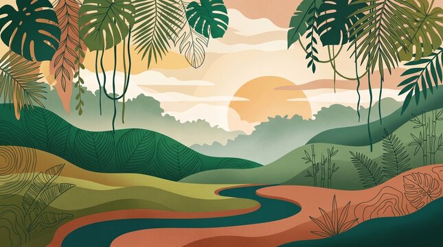 Abstract boho rainforest landscape background with sun, tropical monstera leaves, jungle hills, and river vector illustration