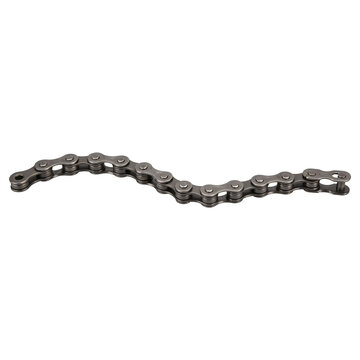 Short length of steel roller chain with linked plates, rollers and pins and a split connecting link, isolated on transparent background