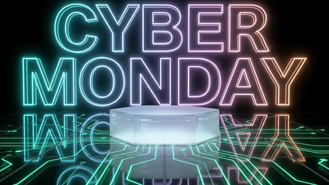 Cyber Monday product display podium 3D render loop with glowing neon typography over futuristic illuminated circuit board floor
