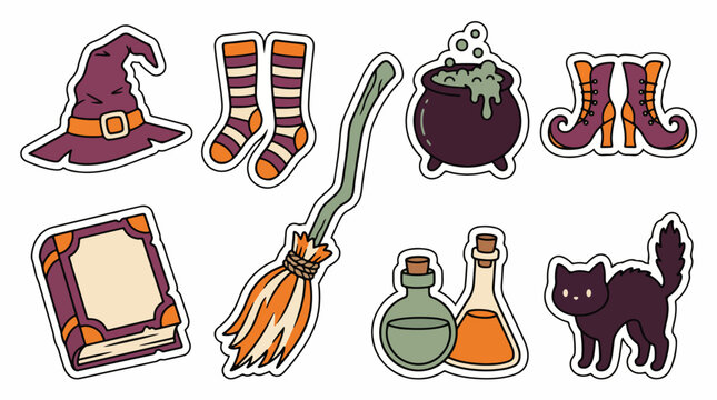 Halloween witch stickers set with magic hat broom cauldron potion bottles and black cat