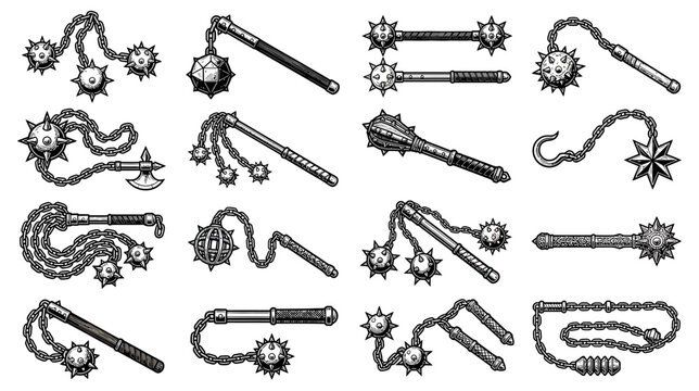 Collection of medieval spiked weapons, isolated