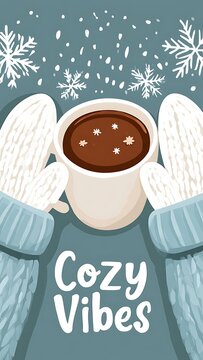 Cozy winter vibes with hot chocolate mug held in mittens illustration