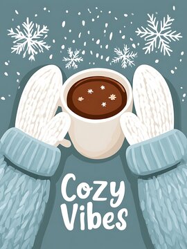 Cozy winter vibes with hot chocolate mug held in mittens illustration