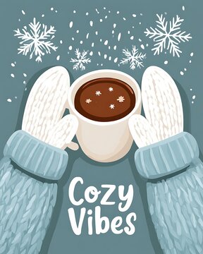 Cozy winter vibes with hot chocolate mug held in mittens illustration