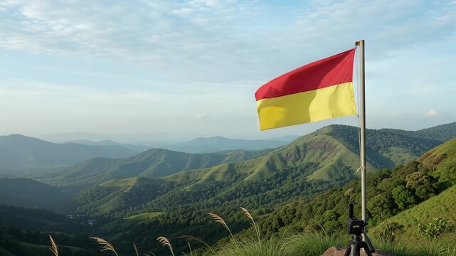 Karnataka State Flag Waving on Lush Green Mountain Peak in India