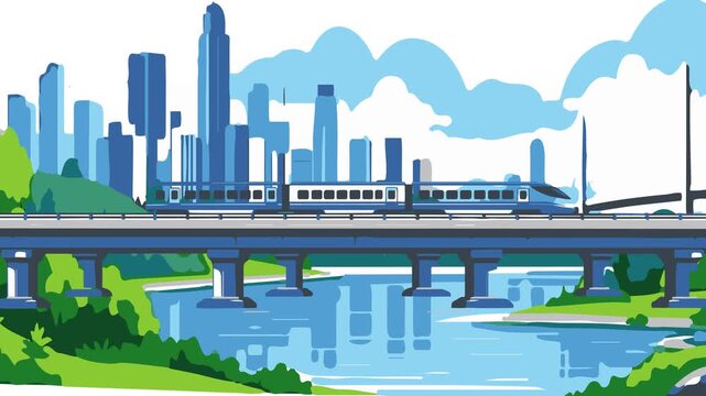 Modern City Skyline with Commuter Train Crossing Bridge over Reflective River in Flat Vector Animation