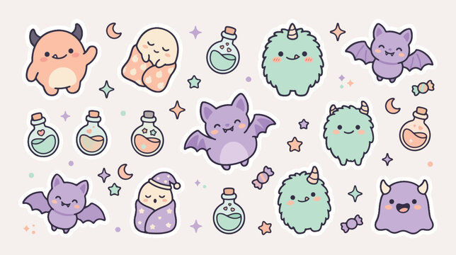 Cute kawaii monster stickers vector set featuring adorable bats potions and magic creatures
