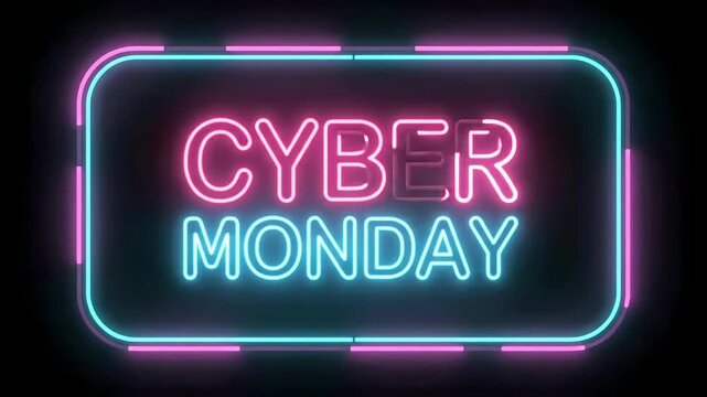 Cyber Monday neon signboard loop featuring glowing pink and cyan typography inside rounded illuminated border on dark background
