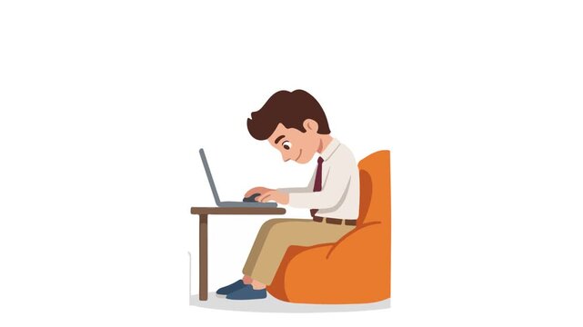 Man in Necktie Working on Laptop While Sitting on Orange Bean Bag Chair, Flat Style Illustration
