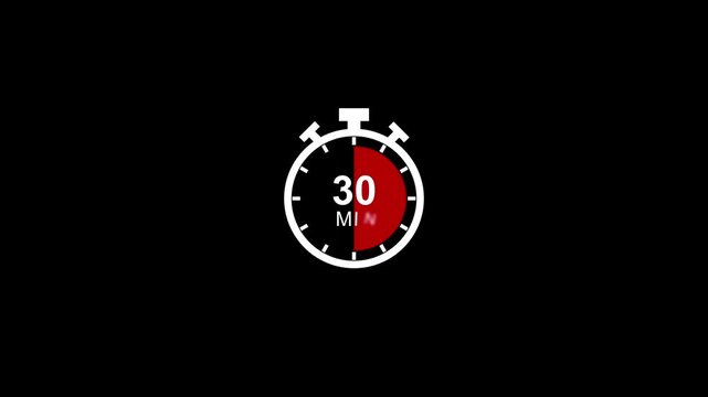 30 minute stopwatch timer animation with red progress indicator for presentations and productivity tracking