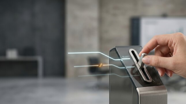 Person's hand holding a lighter to represent decision making through a contemporary route selector lever in a modern environment
