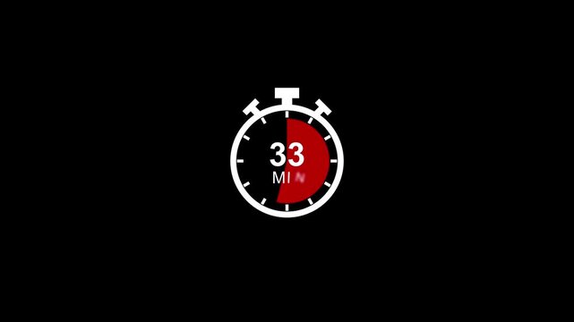 Digital stopwatch timer animation with 33 minute countdown on black background, for time management, and productivity projects