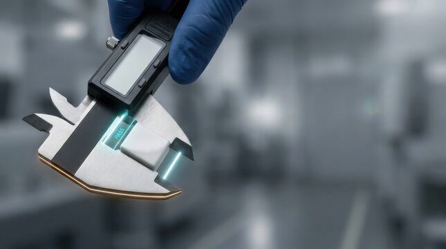 Hand holding metal piece with digital caliper measuring precision demonstrating manufacturing quality control and measurement techniques