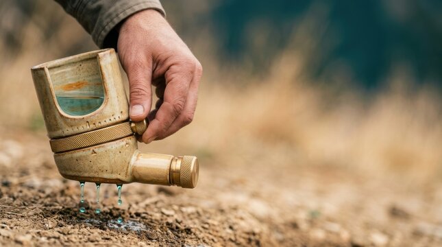 Hand rotating a handcrafted ceramic drip rationer for effective water scarcity management in an innovative and realistic design