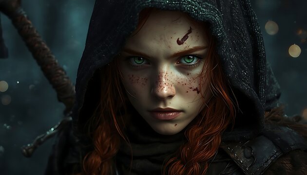 Portrait of a young woman with red hair wearing a dark hood and
