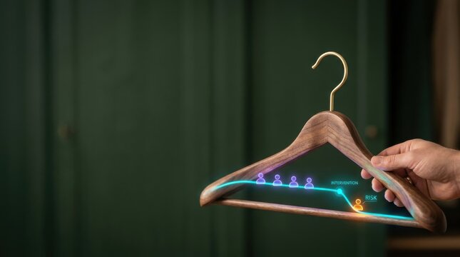 Realistic walnut coat hanger with brass hook symbolizing customer churn detection and stability in consumer behavior analysis