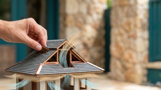 Hand adjusting a miniature house roof with breezeway opening for hot climate adaptation visualized in a realistic miniature model scenario
