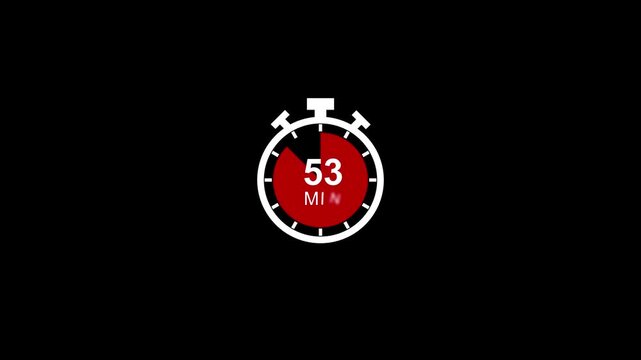 Digital stopwatch timer animation with countdown progress bar, 60 minute clock interface for presentations and ui