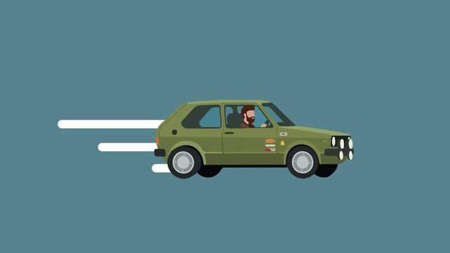 Bearded Man Driving Green Vintage Hatchback Car Fast Side View Flat Vector Illustration