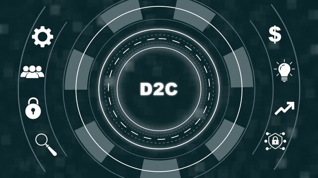 D2c direct to consumer business strategy concept with animated digital hud interface, global e-commerce marketing growth corporate digital transformation technology and modern retail sales infographic