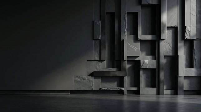 Abstract dark graphite wall with geometric block textures and soft dramatic lighting for modern interior background design