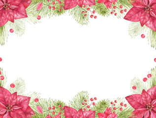 Christmas lush watercolor frame with red poinsettias, holly berries, fluffy pine branches. Suitable for Christmas cards, winter holiday greetings and invitations. © Evgeniia