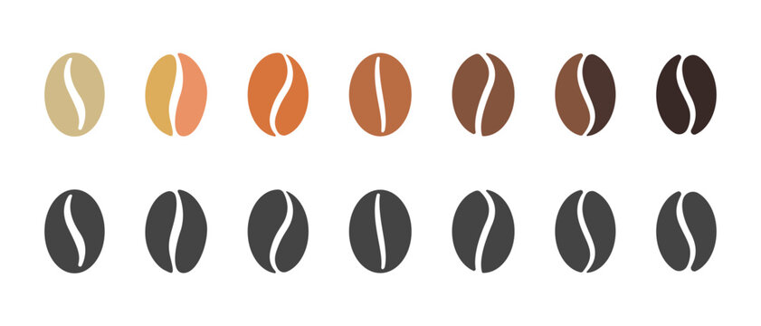  Coffee bean set, Coffee bean vector illustration, coffee bean icon set showing different levels and color shades isolated on white background.