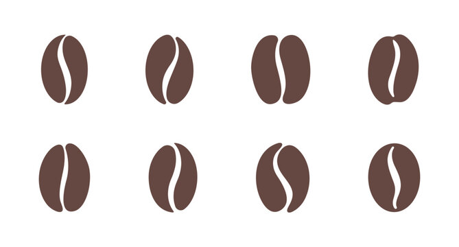 Set of brown coffee bean icons and roasted espresso seeds, minimalist organic cafe logo symbols and silhouettes isolated on white background