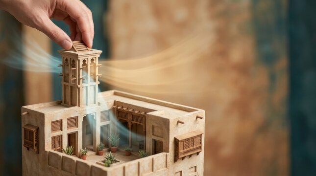 Hand adjusting a miniature courtyard house with wind-catcher tower to visualize passive cooling adaptation in a realistic context