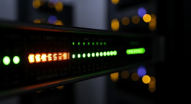Modern server rack flashing green and orange status indicator lights