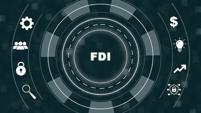 Foreign direct investment fdi concept with animated digital hud interface featuring financial growth global business strategy and corporate economic development data visualization