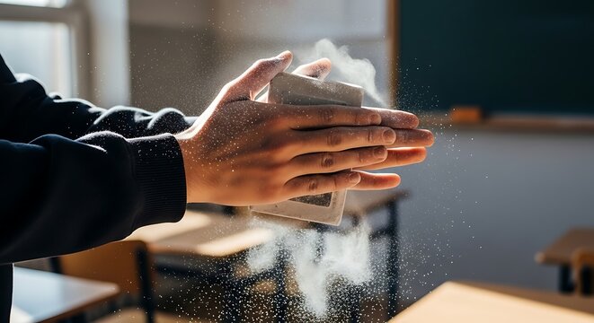 Teacher clapping dusty white eraser in bright school classroom