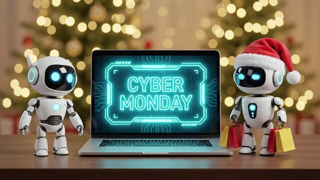 Cyber Monday AI robot online shopping 3D render loop with cute cyborg wearing Santa hat beside laptop against Christmas lights
