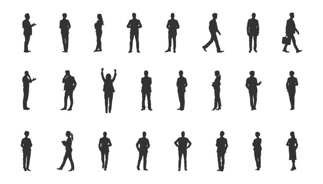 Business people silhouettes set featuring corporate men and women standing, walking, talking, and celebrating isolated on white background.