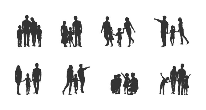 Happy family silhouettes collection, featuring parents and children walking, standing, holding hands, black silhouettes of parents and kids walking together on a white background.