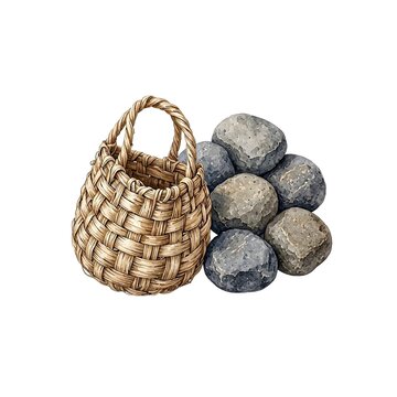 Watercolor illustration of Indonesian traditional woven basket with hot stones for Papuan bakar batu cooking isolated on white background