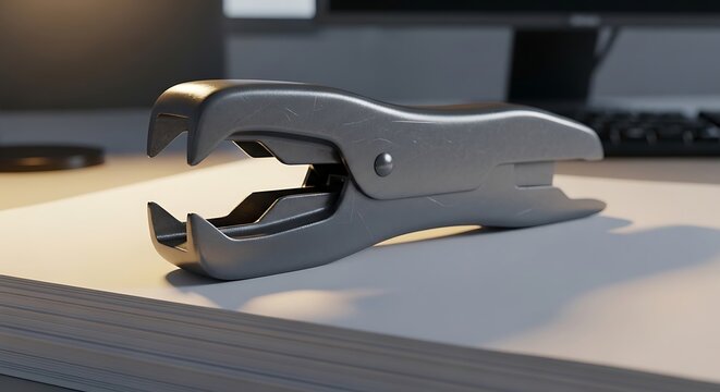 Metallic staple remover resting upon stacked office paper on desk