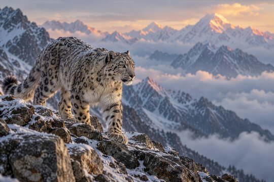 Snow leopard walking on mountain ridge during snowfall at dawn
