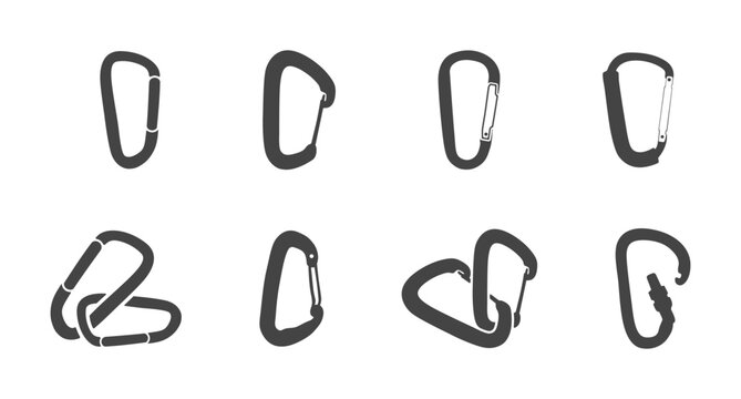 Carabiner silhouette set, climbing carabiner icons in various styles, metal snap hooks, safety locking clips, and mountaineering equipment isolated on white background.