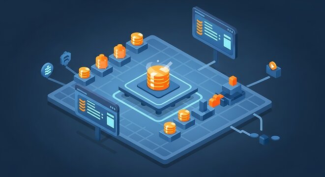 Isometric futuristic digital database architecture with glowing orange data stacks