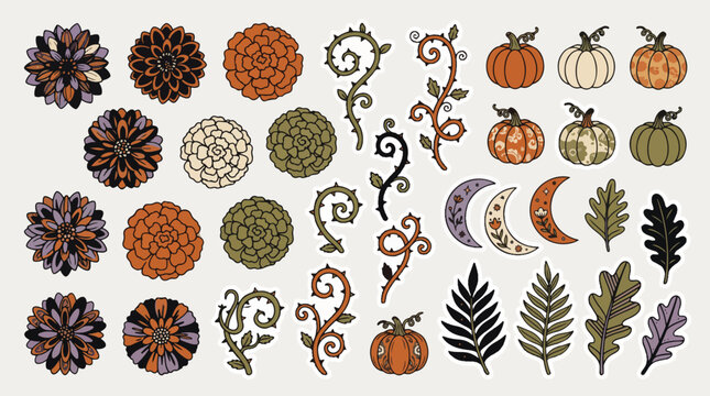 Halloween stickers set featuring spooky pumpkins autumn flowers thorny vines and celestial moons