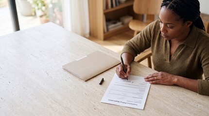 Obraz na płótnie Canvas Young african american woman signing insurance policy application form at stone table. Adult applicant completing official legal contract paperwork during personal finance management.