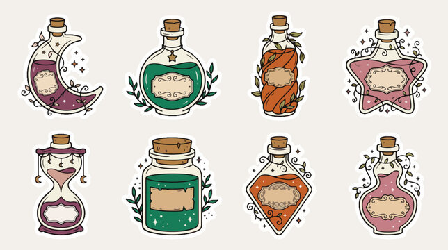 Magic potion bottles vector set with cute colorful flasks and mysterious liquid elements