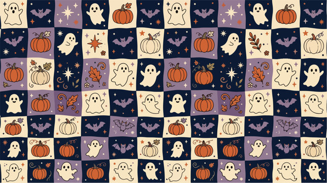 Halloween vector seamless pattern with cute ghosts, pumpkins, bats, and stars on checkered background