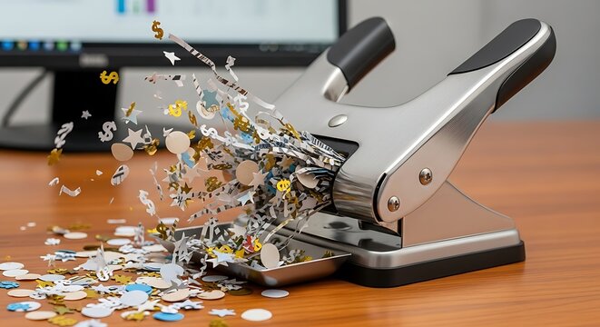 Metallic office hole punch shredding confetti documents with colorful festive pieces