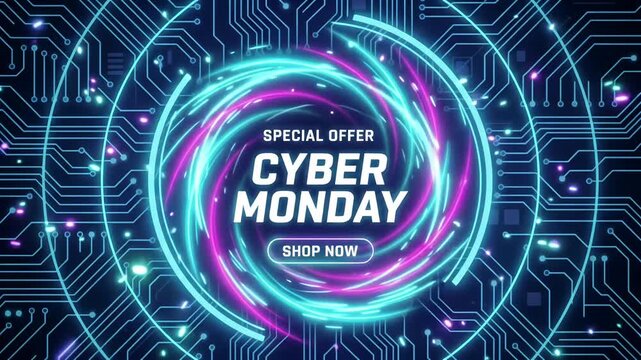 Cyber Monday vortex portal motion graphic loop with glowing neon energy swirls and digital circuit board background for tech sales
