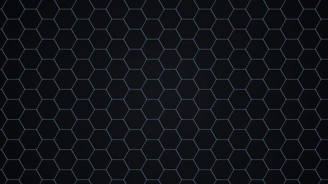 Rotating hexagon grid with glowing icy blue edges on a dark background, honeycomb geometric pattern slowly turning, futuristic technology motion graphic, seamless loop