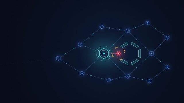 Network security animation, a malicious red data packet is detected and isolated from a glowing blue node network, cyber threat containment and quarantine concept